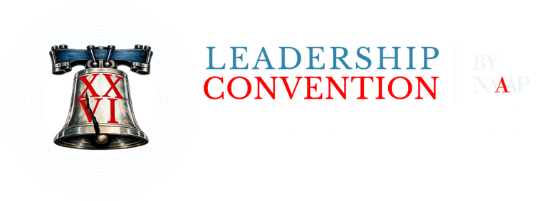 Transparent horizontal secondary logo for Leadership Convention 2026 by NAAAP, with a Liberty Bell icon and the Roman numerals XXVI for the 26th convention in Philadelphia.